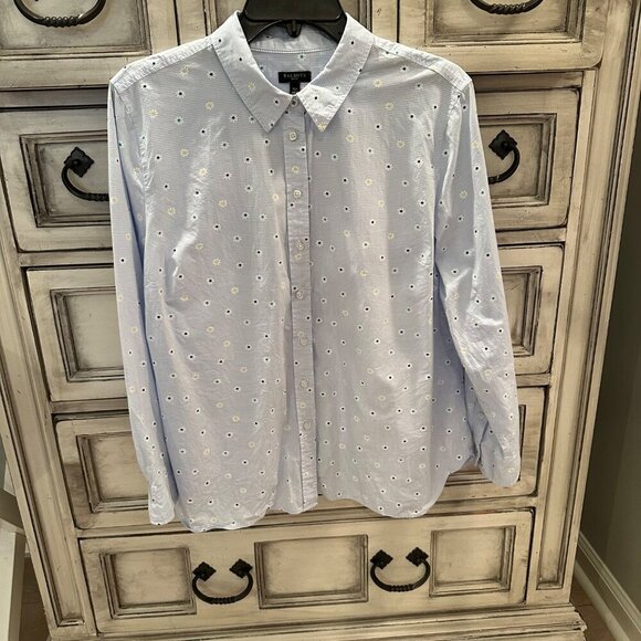 TALBOTS WOMENS LONG SLEEVE BUTTON WOMENS SHIRT BLUE STRIPE FLOWERS XL PETITE - Picture 2 of 7